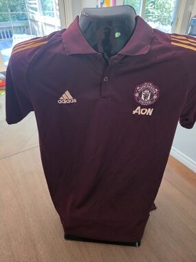 adidas Manchester United Polo Shirt - Maroon with Gold Stripes